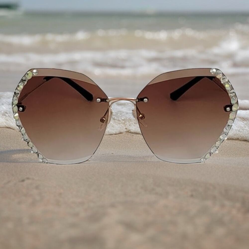 NEW Lily & Nunu Diamond Studded Oversized Sunglasses Gradient Brown Gold…